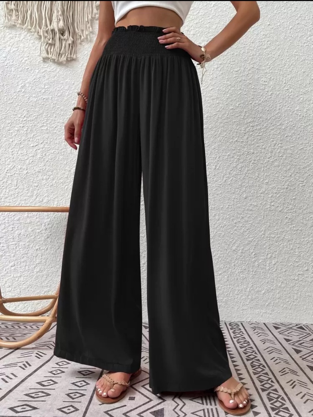 Women's Black Wide-Leg Smocked Waist Jumpsuit Pants